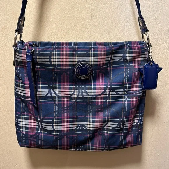 COACH 20003 Signature Navy Pink Multi Nylon Patent Leather Shoulder Bag - Picture 1 of 8